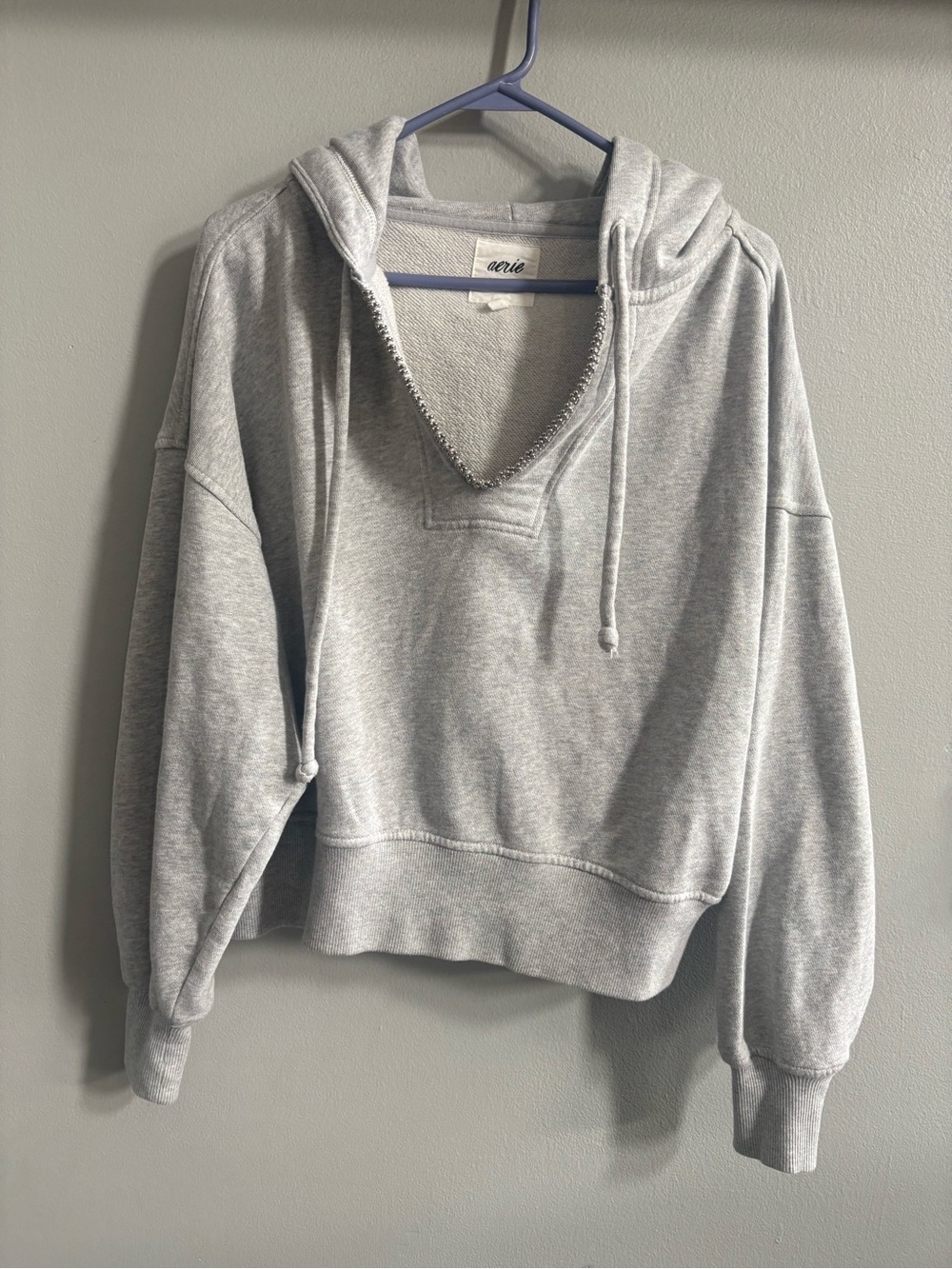 Aerie Heather Gray V-Neck Hooded Pullover Sweatshirt small